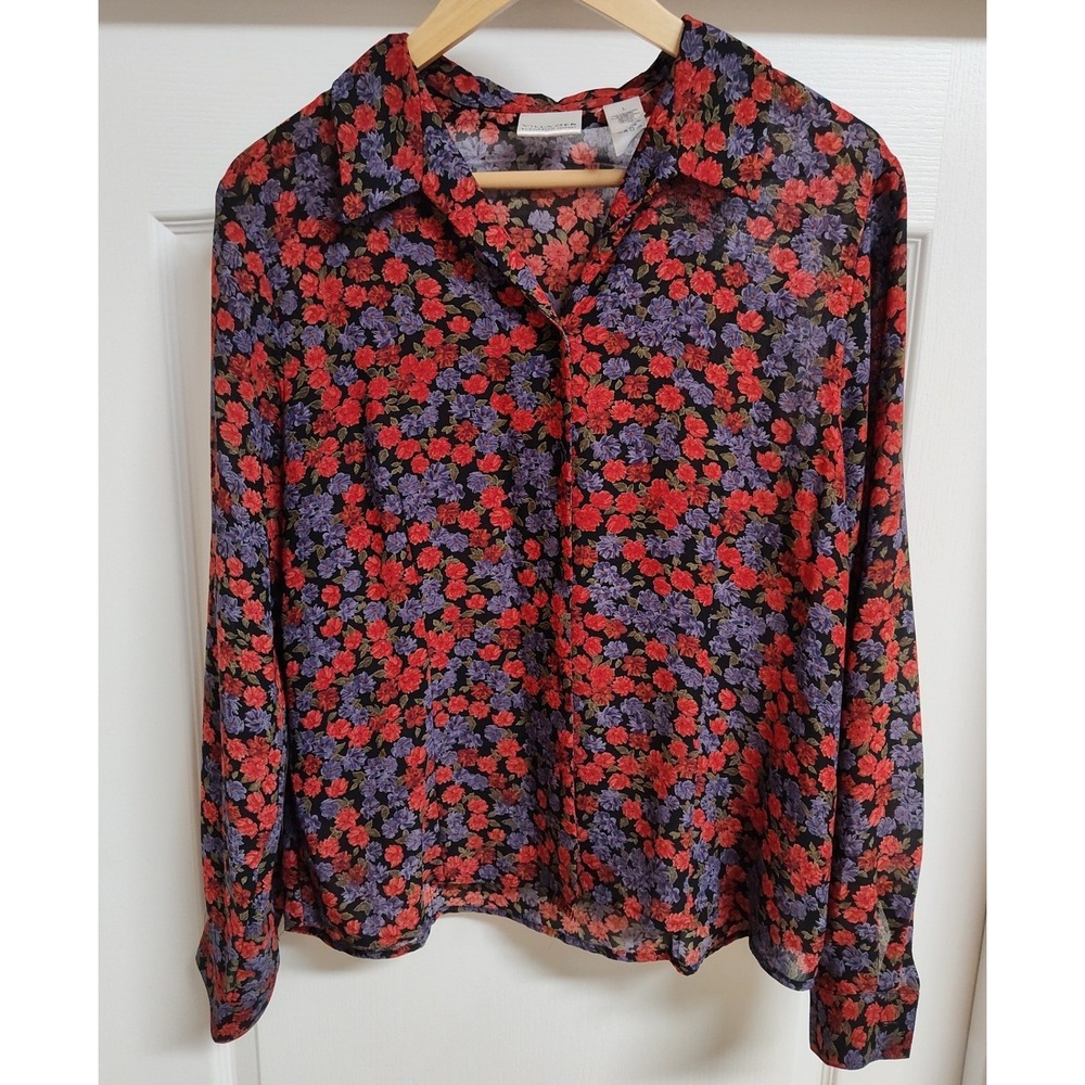 Villager Liz Claiborne Womens Large Red Purple Floral Button Up Blouse Vintage